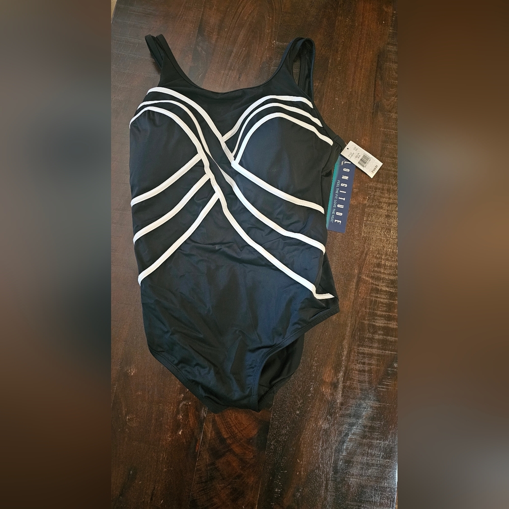 Longitude Black and White One-Piece Swimsuit Instantly look 10lbs lighter
